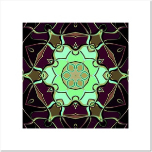 Cartoon Mandala Flower Green Purple and Black Posters and Art